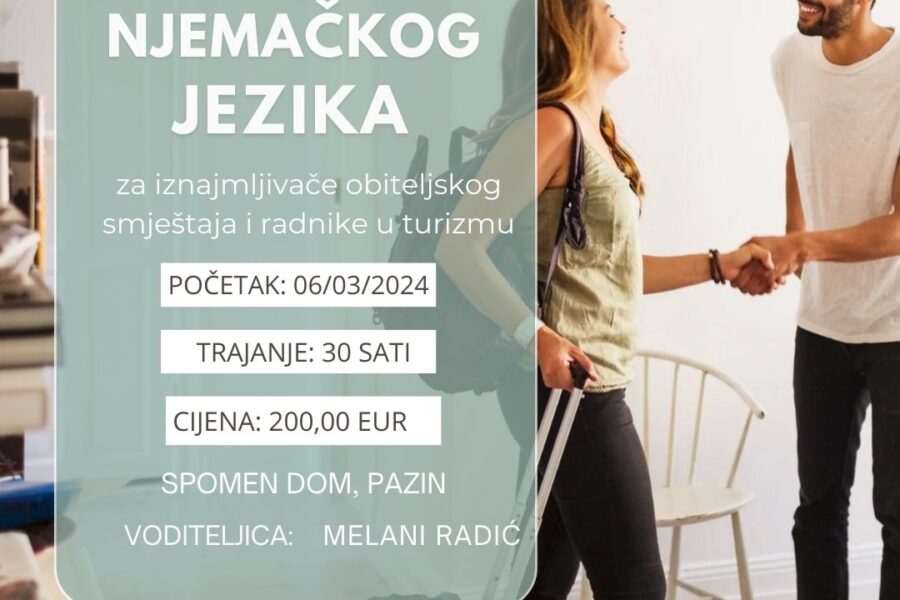 Tečaj njemačkog jezika za iznajmljivače obiteljskog smještaja i radnike u turizmu
